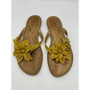 Born Leather Flip Flop Thong Butter Yellow Flowers Cushioned Womens 8